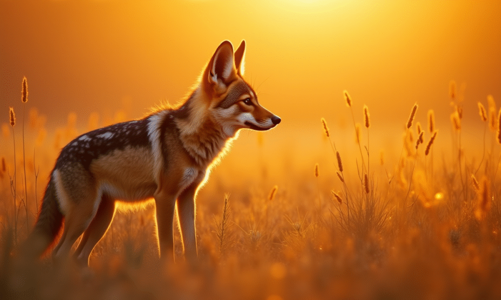 Aardwolf debout dans un coucher de soleil doré