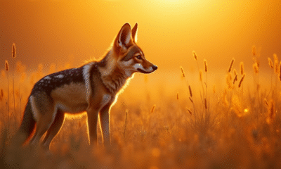 Aardwolf debout dans un coucher de soleil doré