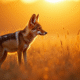 Aardwolf debout dans un coucher de soleil doré