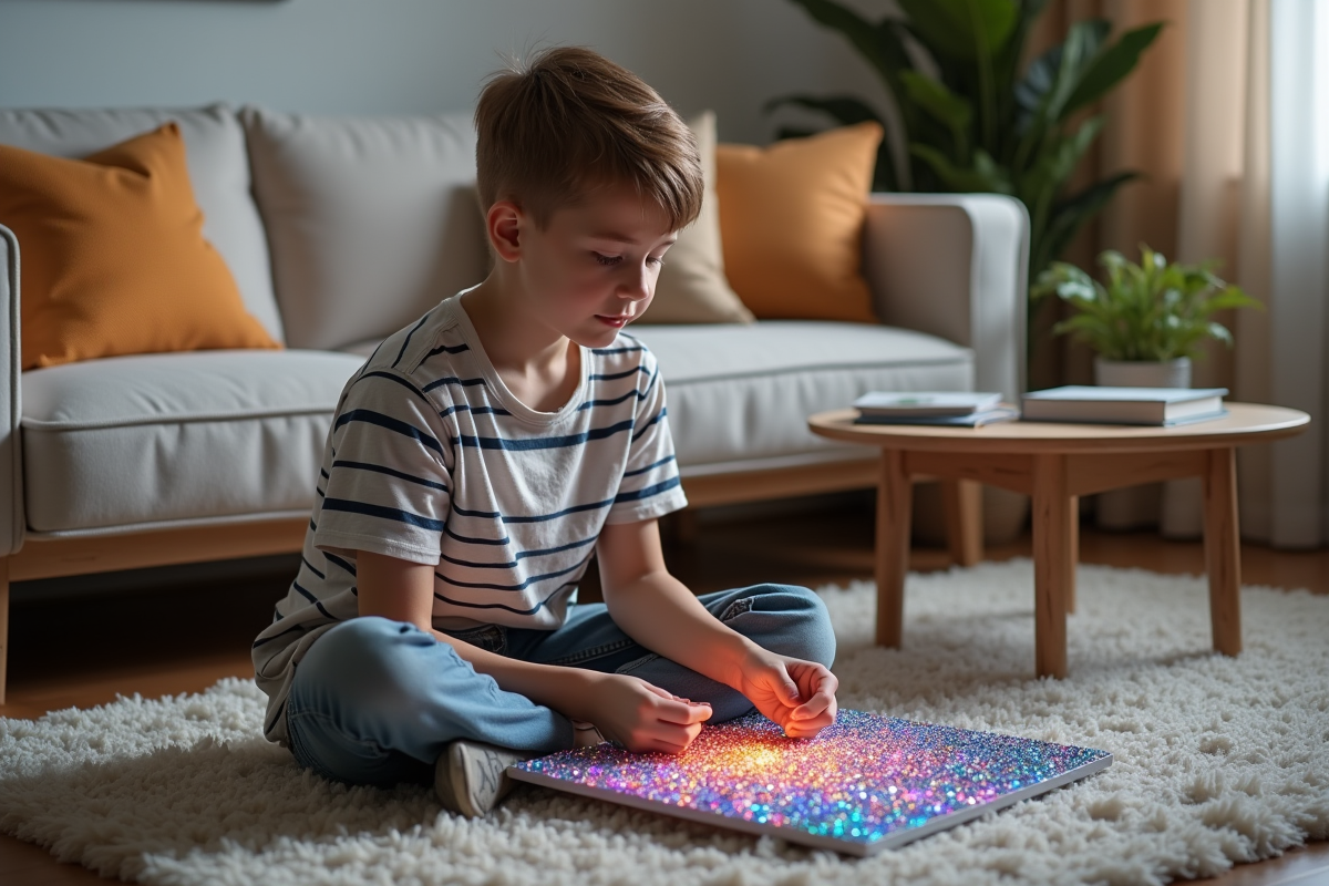 Adolescent travaillant sur un kit de diamant peinture dans le salon