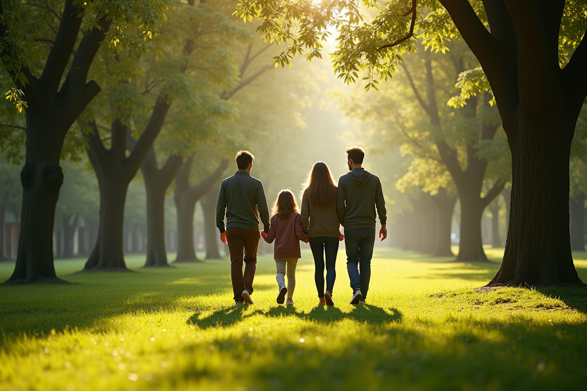 Groupe d amis marchant dans un parc vert en plein jour