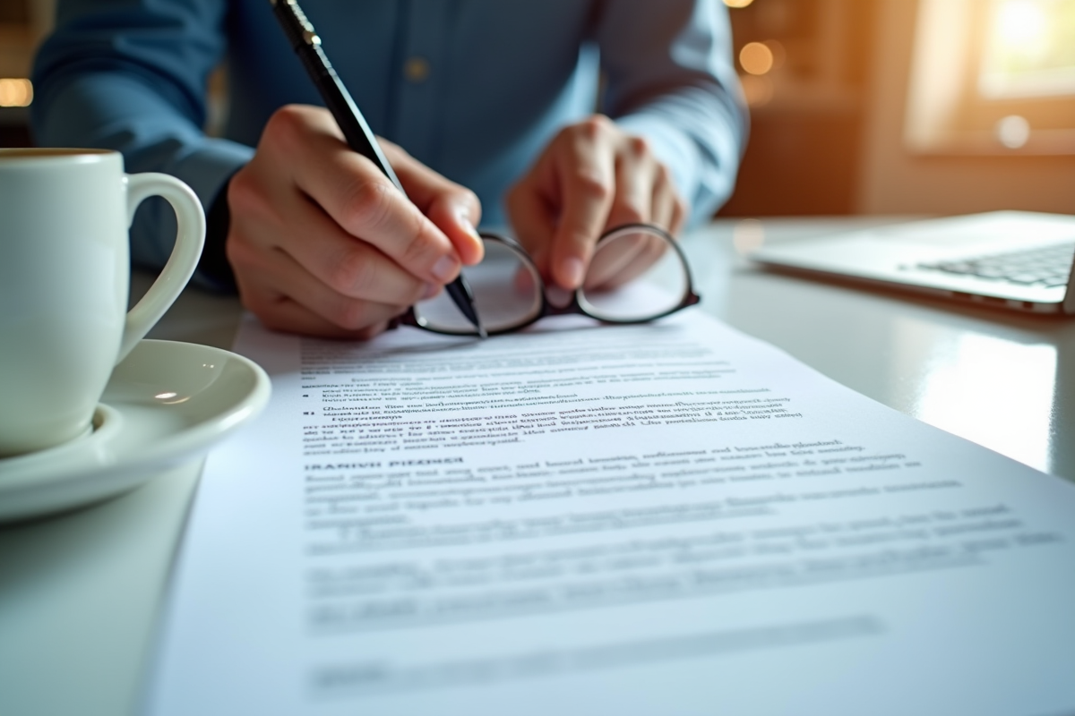 Mains examinant un contrat avec sur la table une tasse et un ordinateur