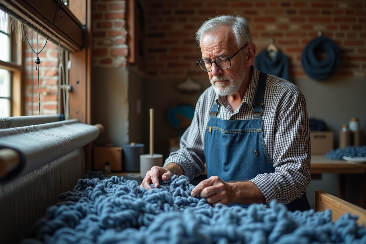 Homme âgé inspectant des fibres de denim dans un atelier artisanal