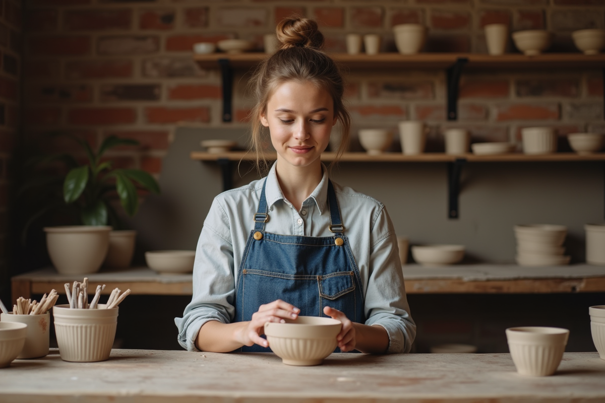 Jeune femme artisan façonnant de la poterie dans son atelier