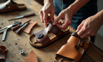 Vue rapprochee de la fabrication de sandales modernes en cuir