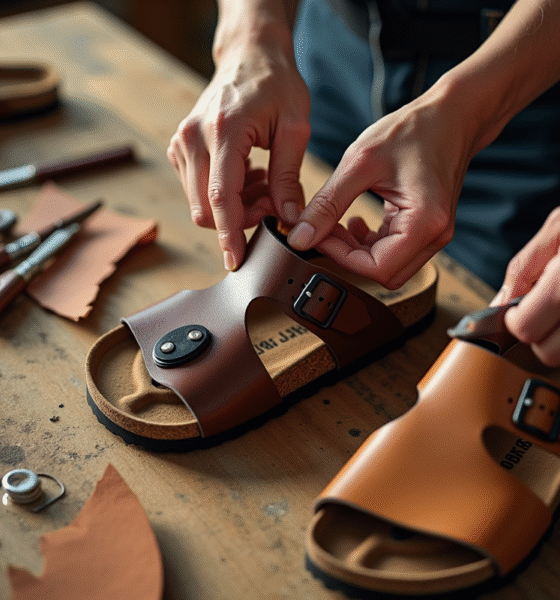 Vue rapprochee de la fabrication de sandales modernes en cuir