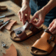 Vue rapprochee de la fabrication de sandales modernes en cuir