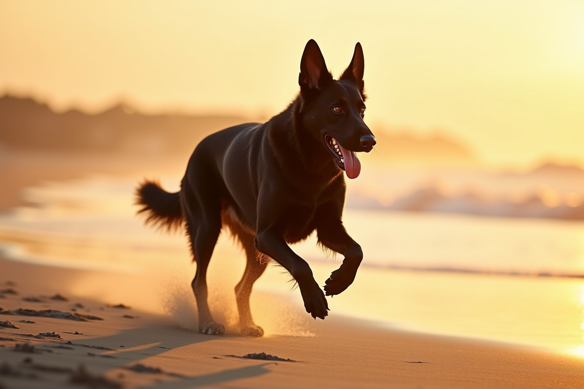 Chien berger allemand courant sur la plage au coucher du soleil