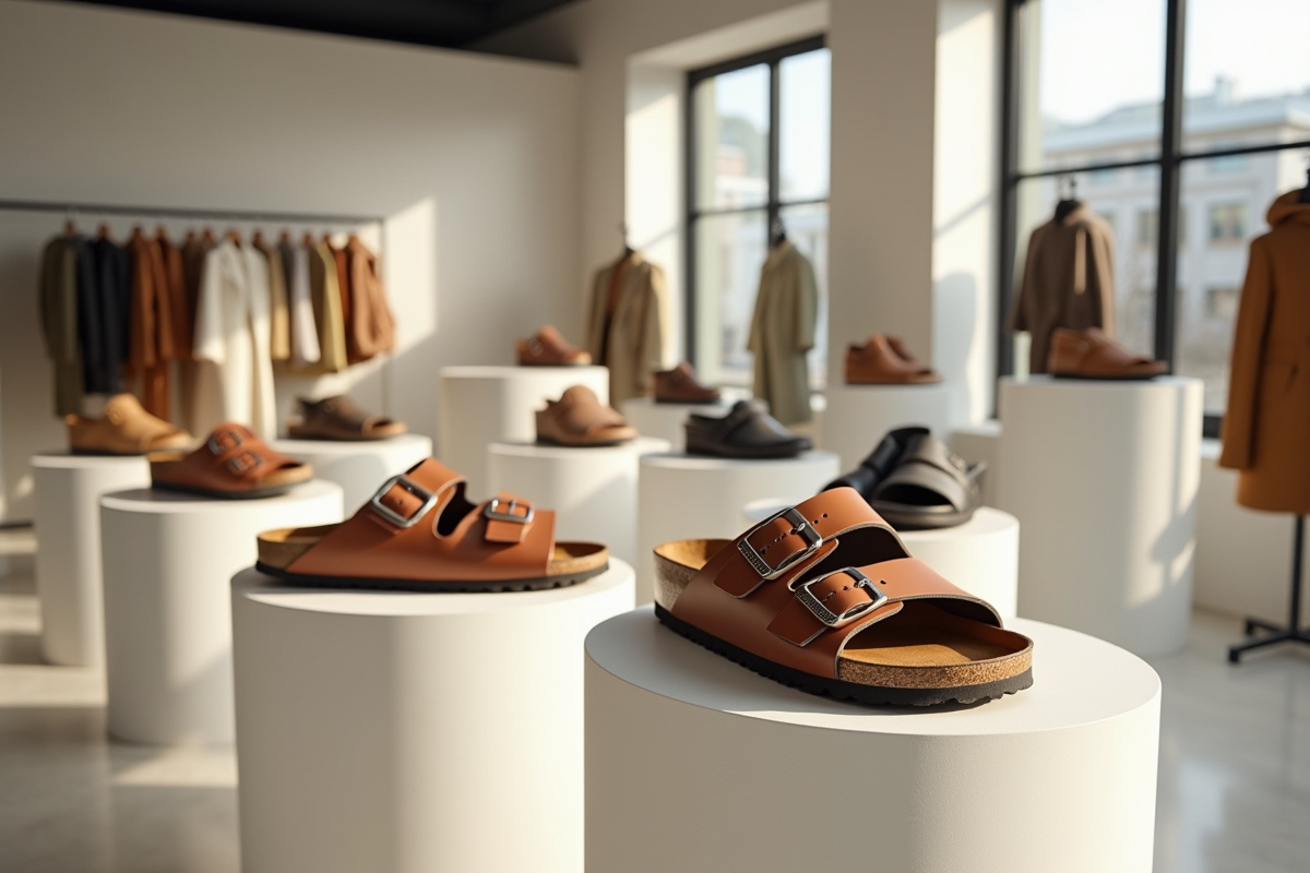 Exposition de chaussures Scholl et Birkenstock dans une boutique lumineuse