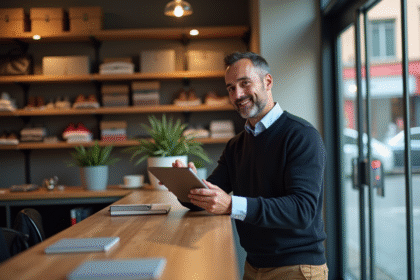 Homme commerçant derrière le comptoir dans une boutique moderne