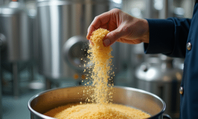 Brasseur saupoudrant de la levure dans un grand tank de fermentation