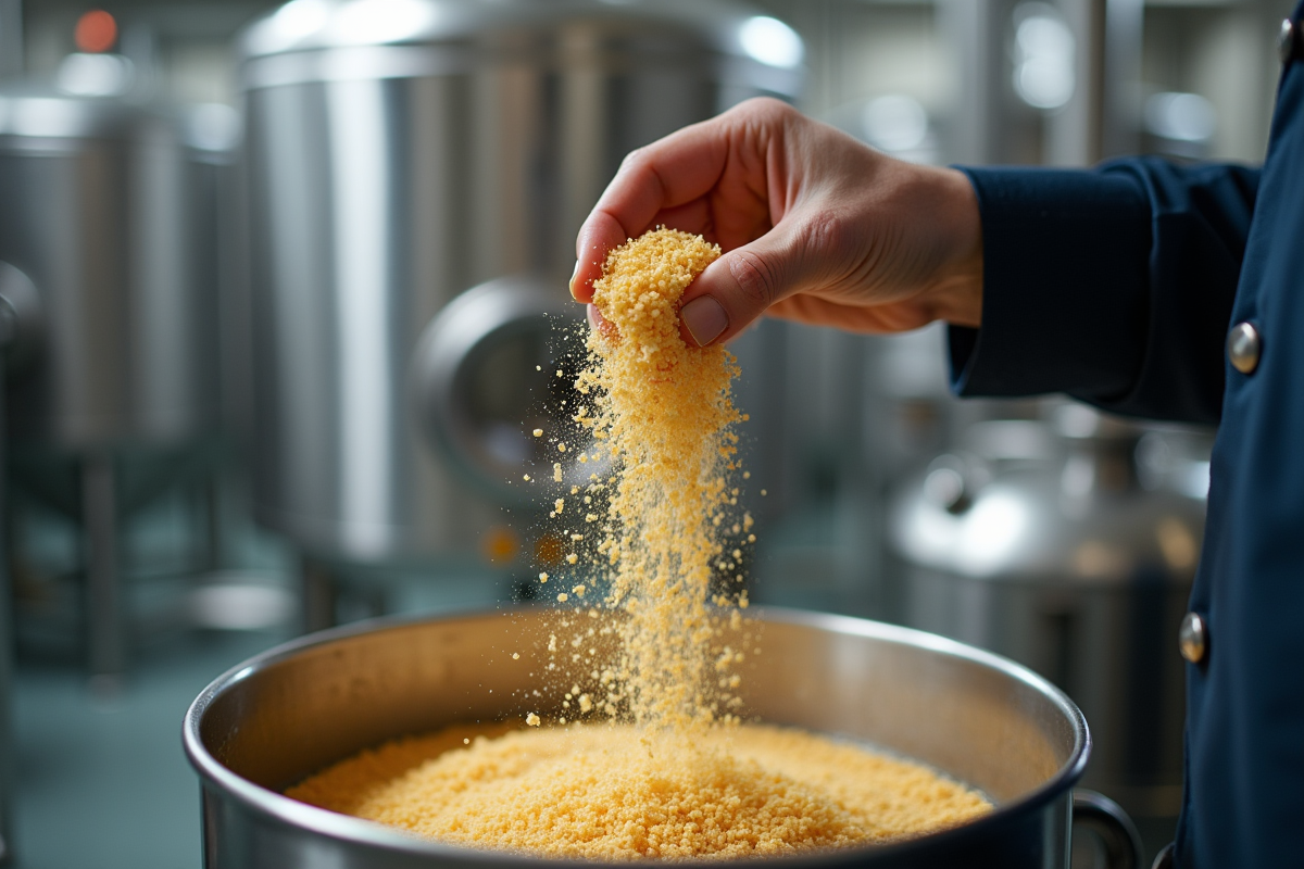 Brasseur saupoudrant de la levure dans un grand tank de fermentation