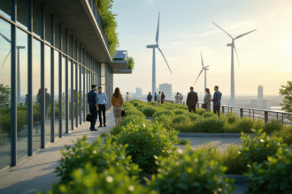 Bâtiment moderne avec toit vert et panneaux solaires pour un bureau durable