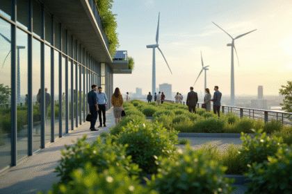 Bâtiment moderne avec toit vert et panneaux solaires pour un bureau durable