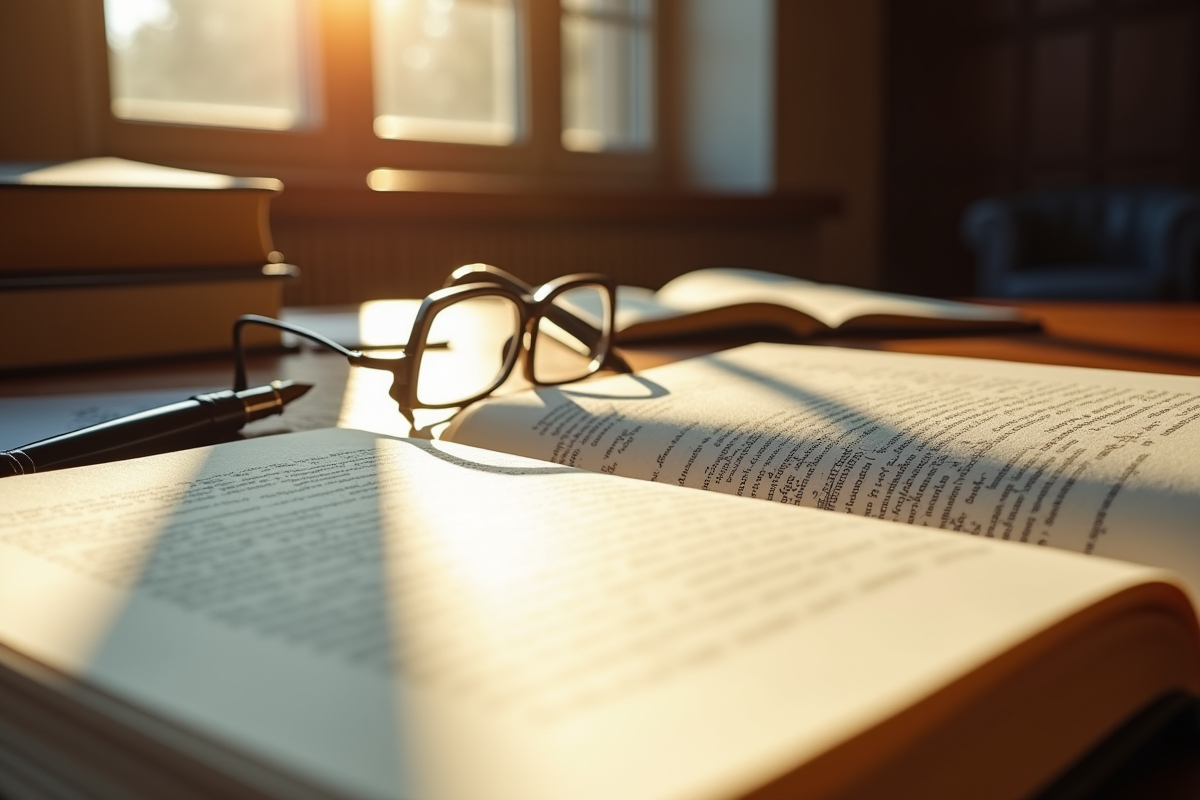 Bureau d'avocat bien rangé avec livres et lunettes