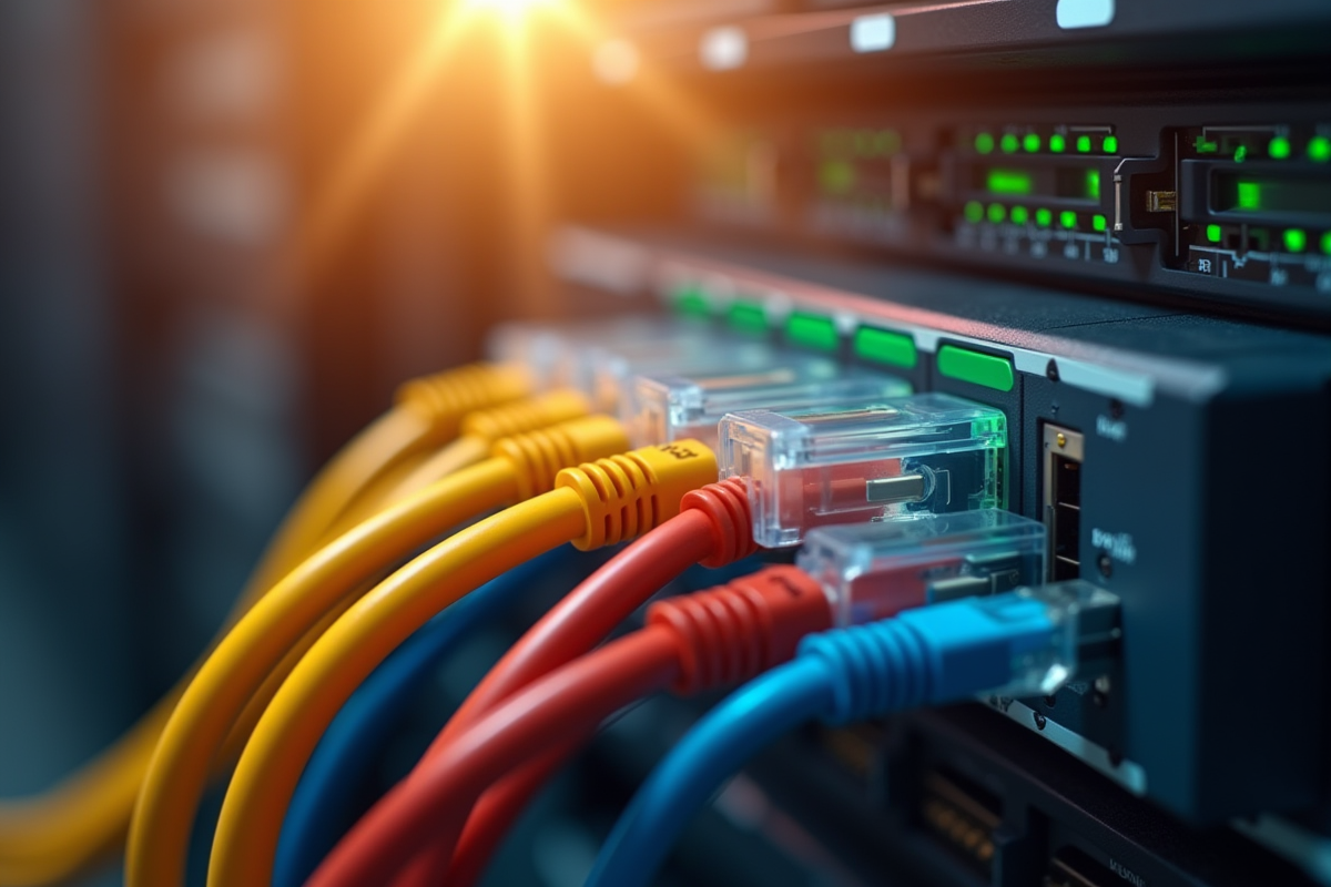 Câbles ethernet colorés connectés à un commutateur dans un centre de données organisé