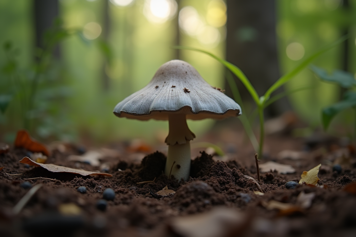 Chanterelle grise émergente sur sol humide