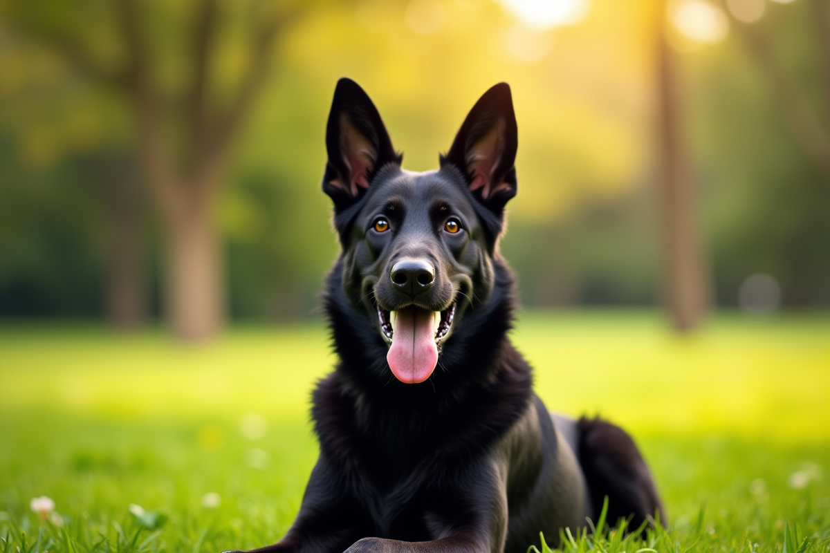 Chien berger allemand assis dans un parc ensoleille