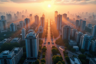 Vue aérienne d'une ville moderne au lever du soleil avec terrains vacants