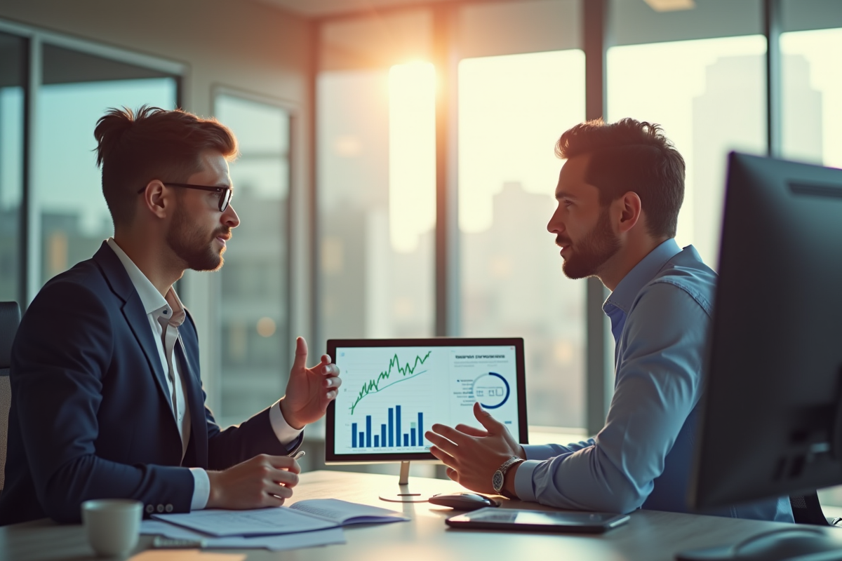 Conseiller financier discutant de portefeuilles avec un client dans un bureau lumineux