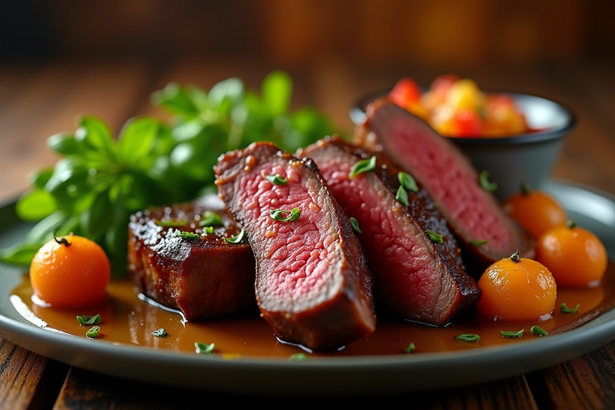 Côte de boeuf avec oignons caramélisés et salsa exotique