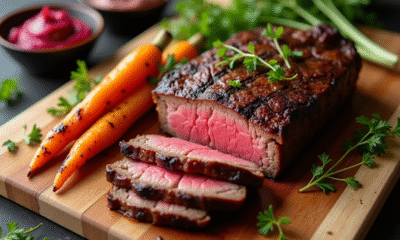 Côte de boeuf tranchée sur planche en bois avec légumes colorés