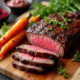 Côte de boeuf tranchée sur planche en bois avec légumes colorés