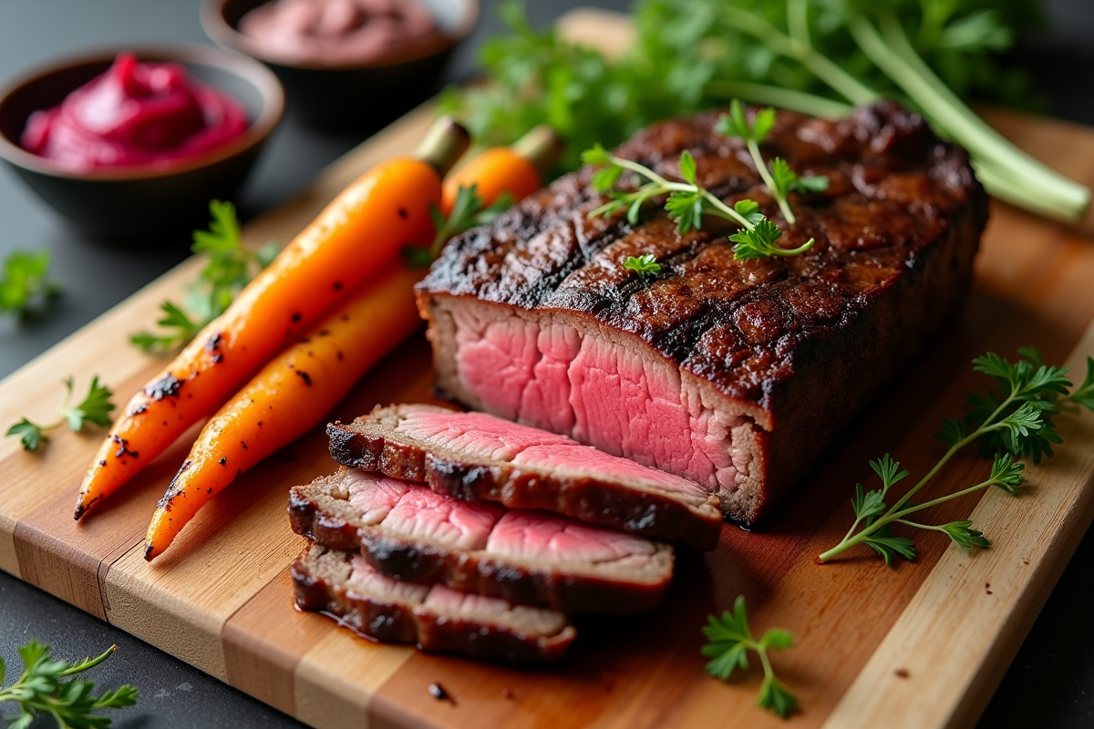 Côte de boeuf tranchée sur planche en bois avec légumes colorés
