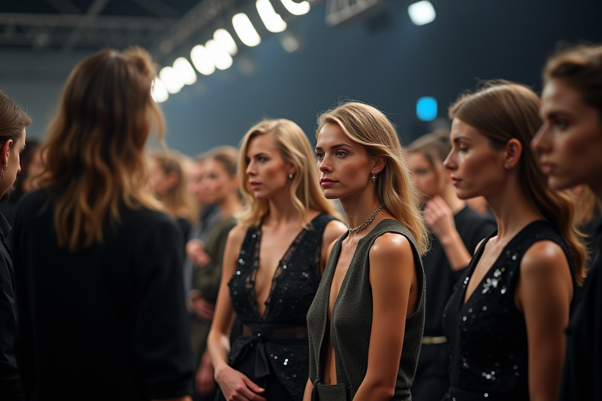 Équipe de stylistes et mannequins en coulisses de défilé