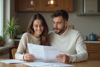 Jeune couple français examine des documents d'adoption à la maison