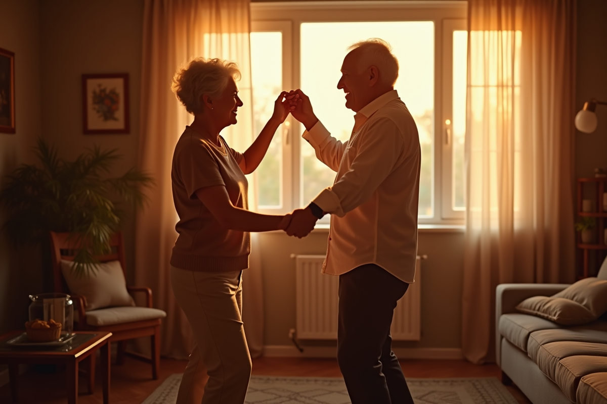 Couple agee dansant dans un salon chaleureux et lumineux