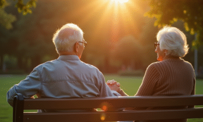 Couple agee main dans la main sur un banc en plein air
