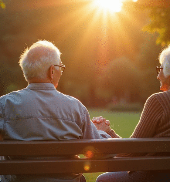 Couple agee main dans la main sur un banc en plein air