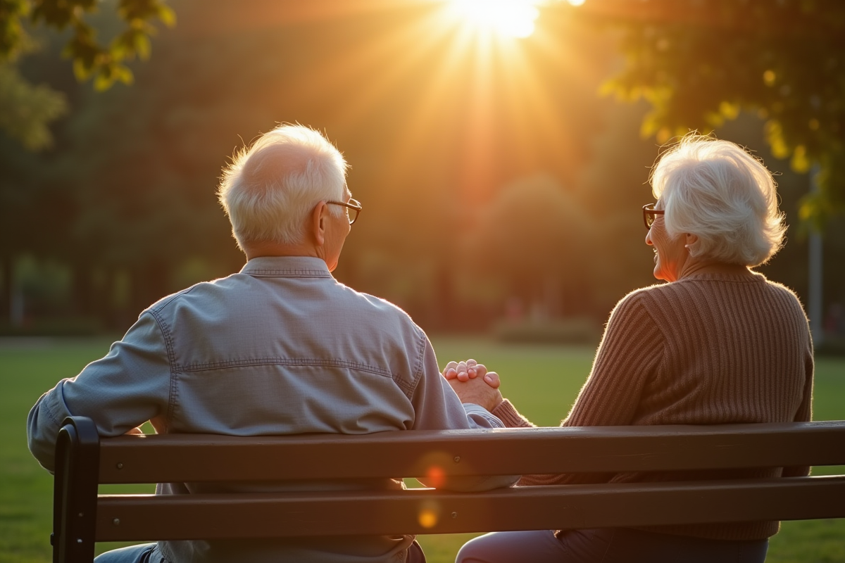 Couple agee main dans la main sur un banc en plein air