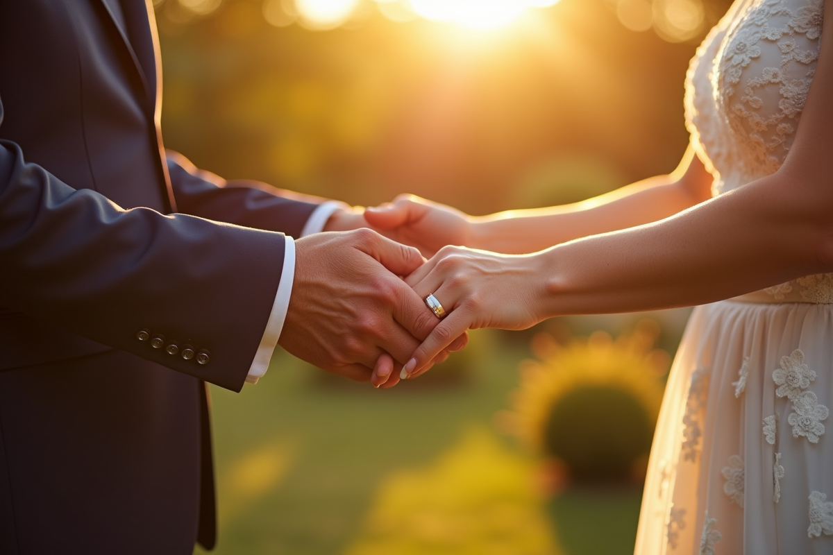 Couple mature échangeant leurs vœux en extérieur au coucher du soleil