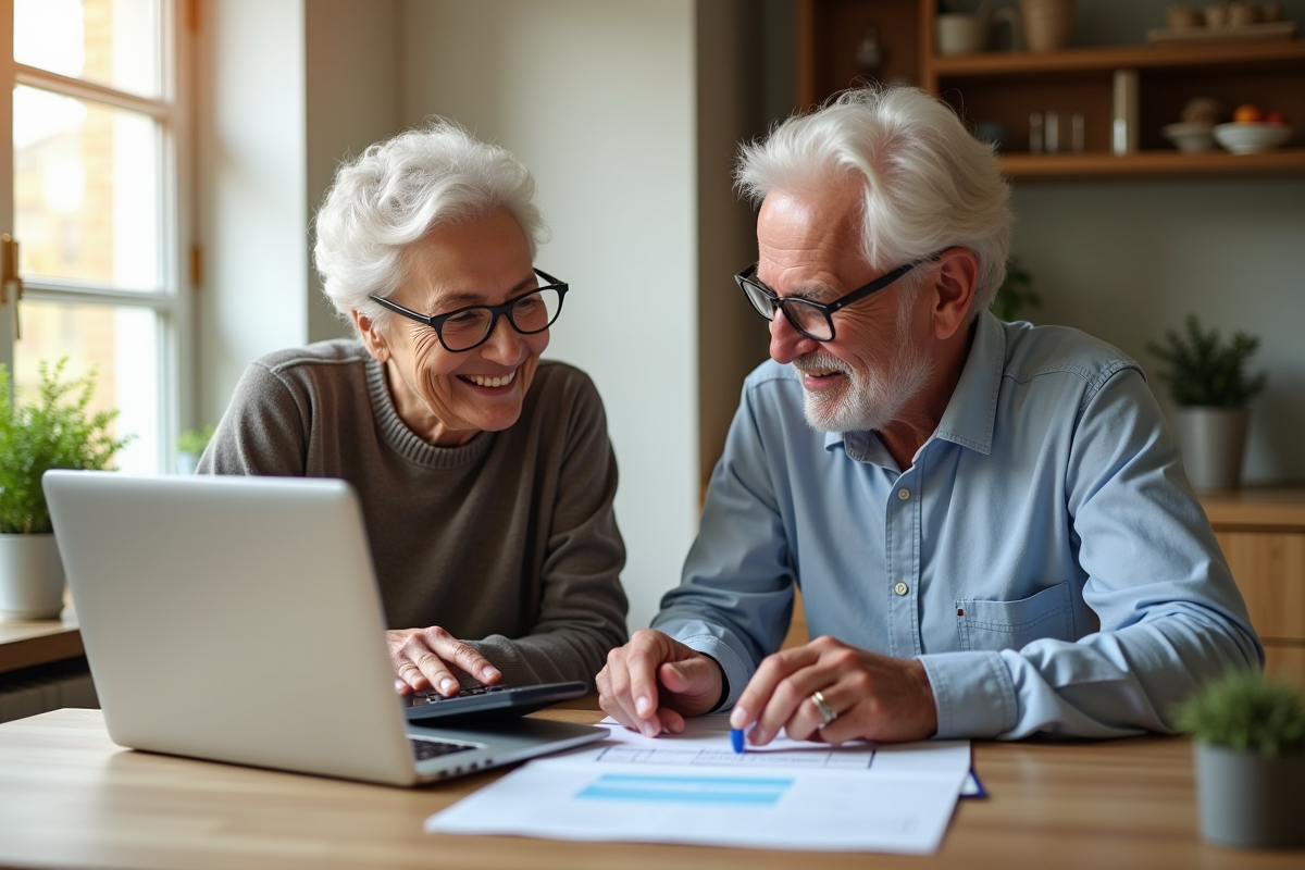 Couple senior souriant examinant des papiers de retraite