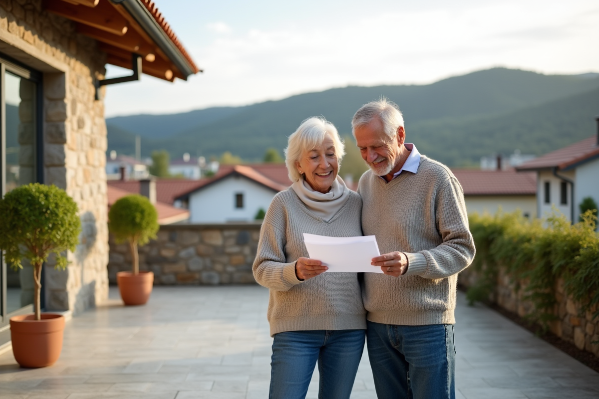 Couple retraité regardant des papiers sur la terrasse