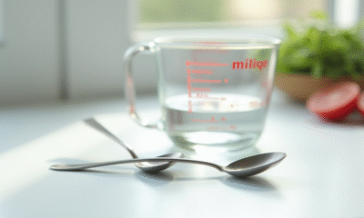 Cuillère en métal remplie d'eau sur plan de cuisine lumineux