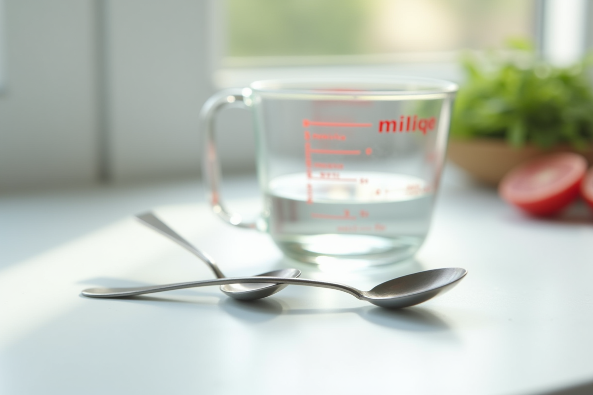 Cuillère en métal remplie d'eau sur plan de cuisine lumineux