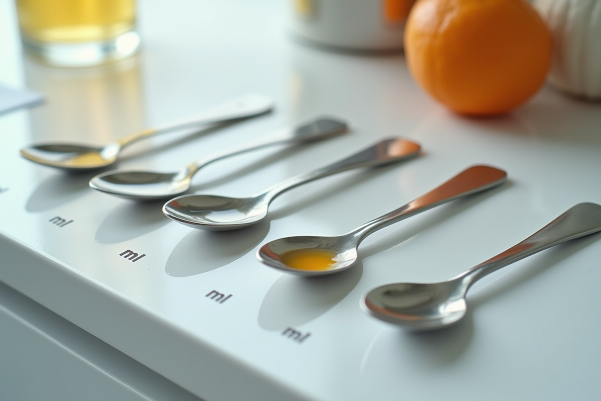 Plusieurs cuillères en acier inoxydable avec liquides et tableau ml