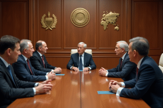 Cinq délégués gouvernementaux en discussion diplomatique
