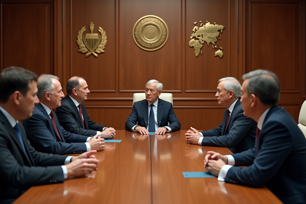 Cinq délégués gouvernementaux en discussion diplomatique