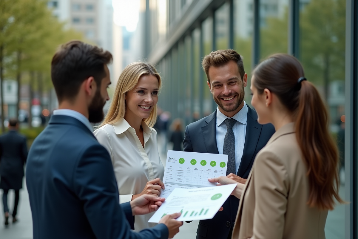 Groupe de quatre adultes discutant devant un bâtiment moderne