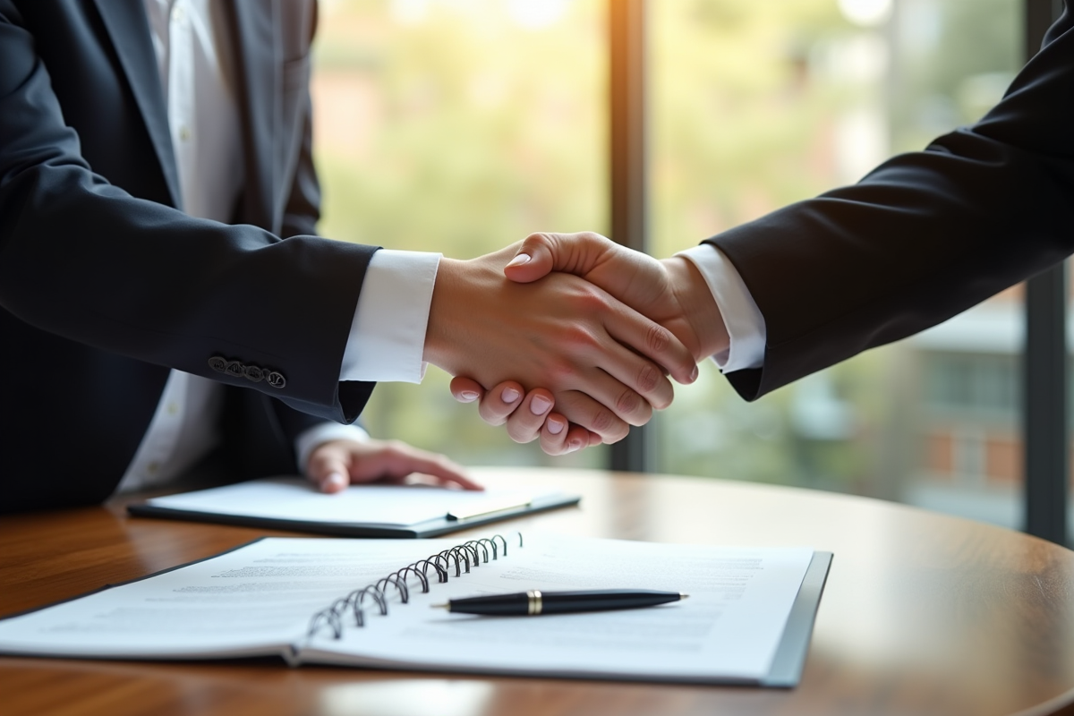 Deux professionnels scellent un accord juridique dans un bureau lumineux