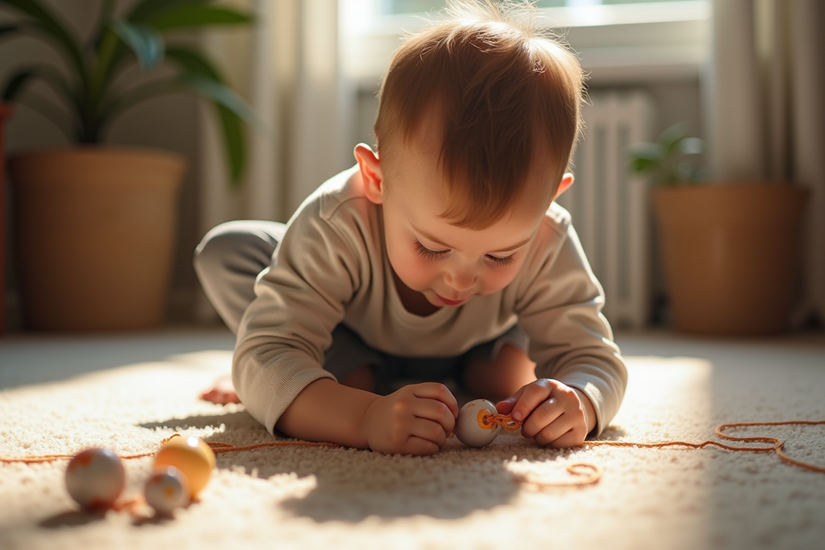Petit garçon de 3 à 4 ans en train de enfiler des perles sur un fil