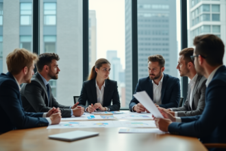 Groupe de professionnels en réunion dans un bureau lumineux