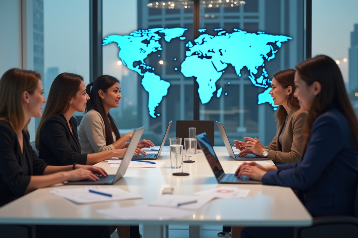 Groupe diversifié de professionnels en réunion dans un espace de travail lumineux