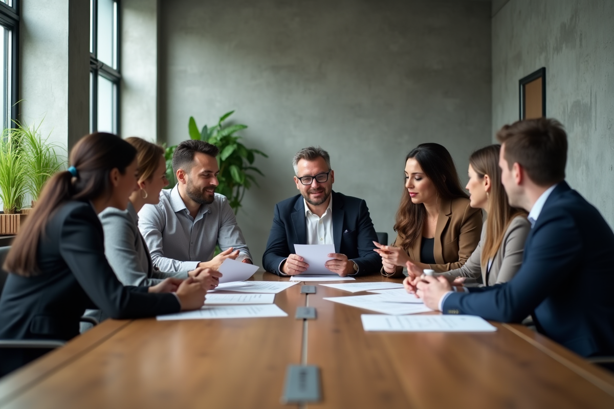 Equipe diversifiee discutant de rapports financiers