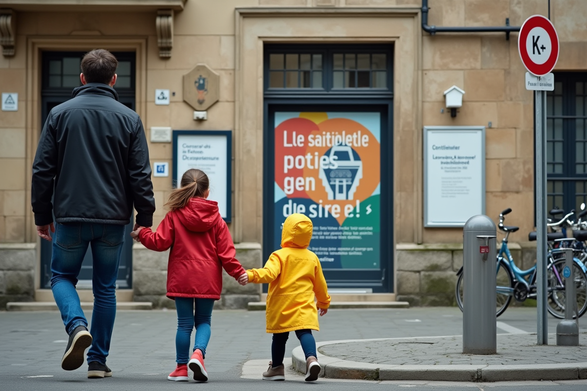 Famille française passant devant une mairie avec affiche 2025