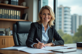 Femme d'affaires concentrée à son bureau en cabinet juridique